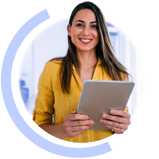 A lady holding a tablet device